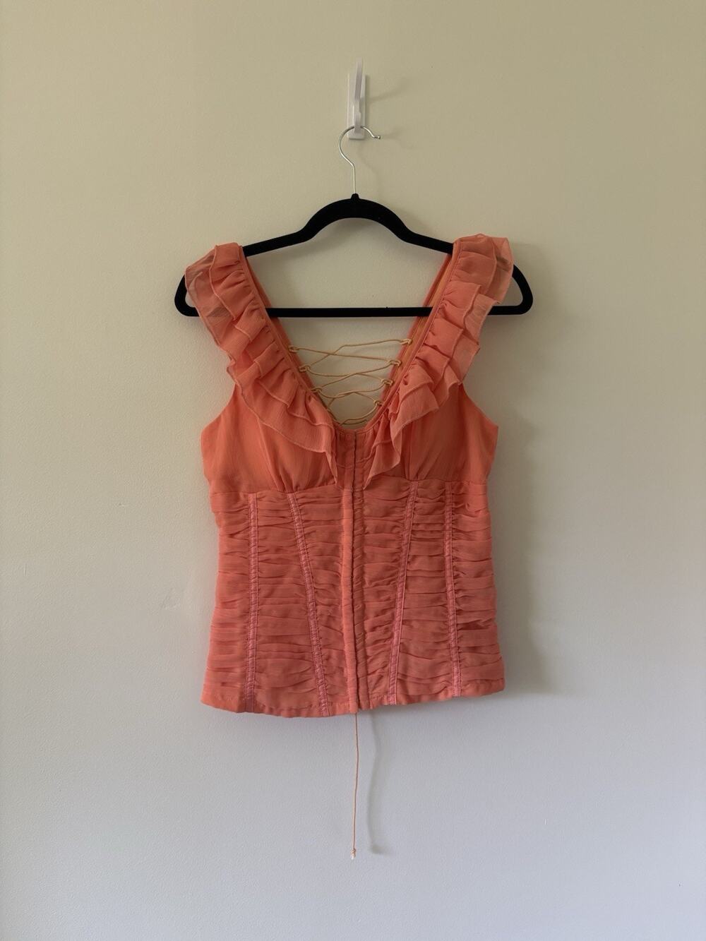 Vintage Y2K Sherbet Orange & pink Coral Corset Top Smocked Ruffle Blouse Large